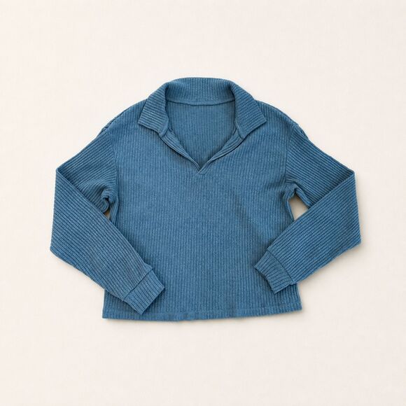 SHEIN Sweaters - SHEIN Blue Ribbed Knit Collared Pullover Sweater Long Sleeve Casual Cozy Top